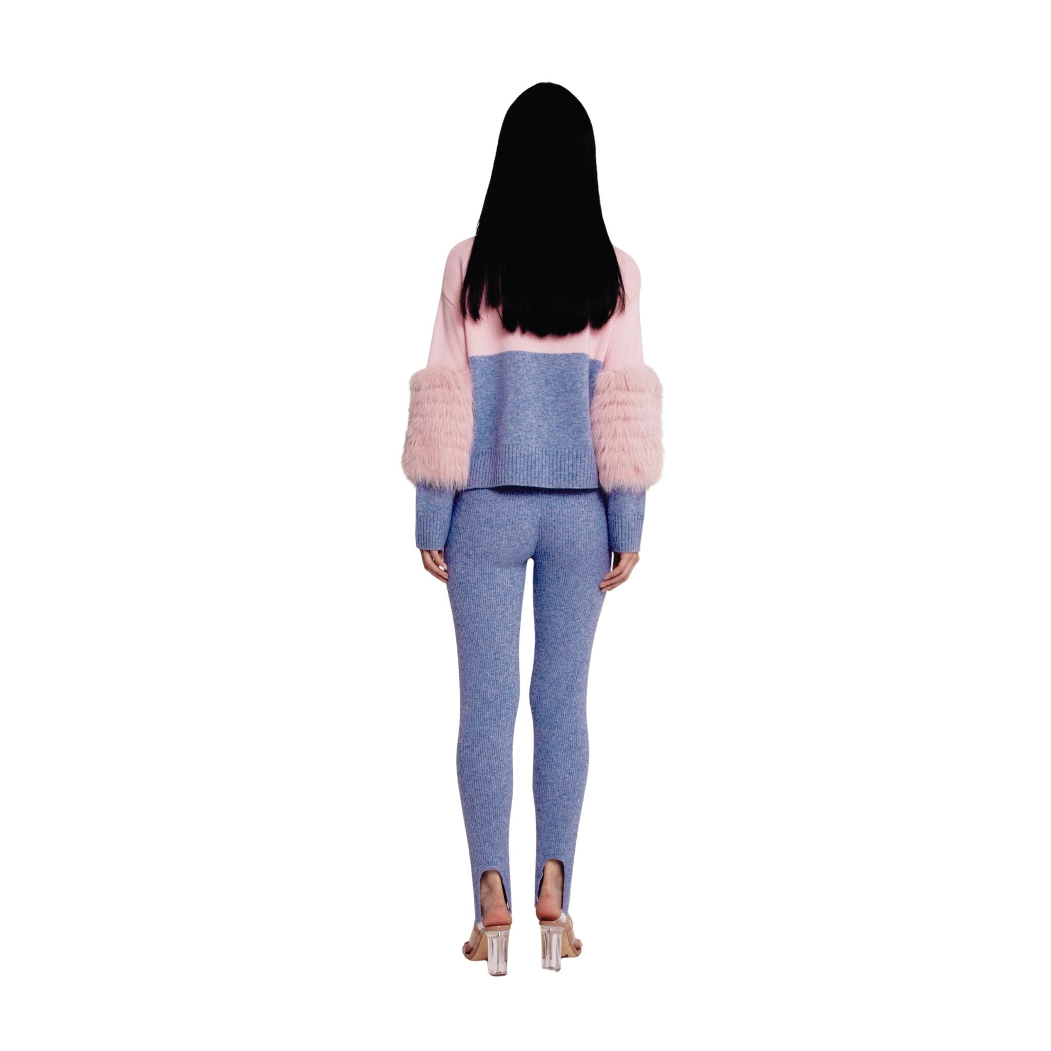 Pink And Grey Colour Block Half And Half Sweater With Fox Fur