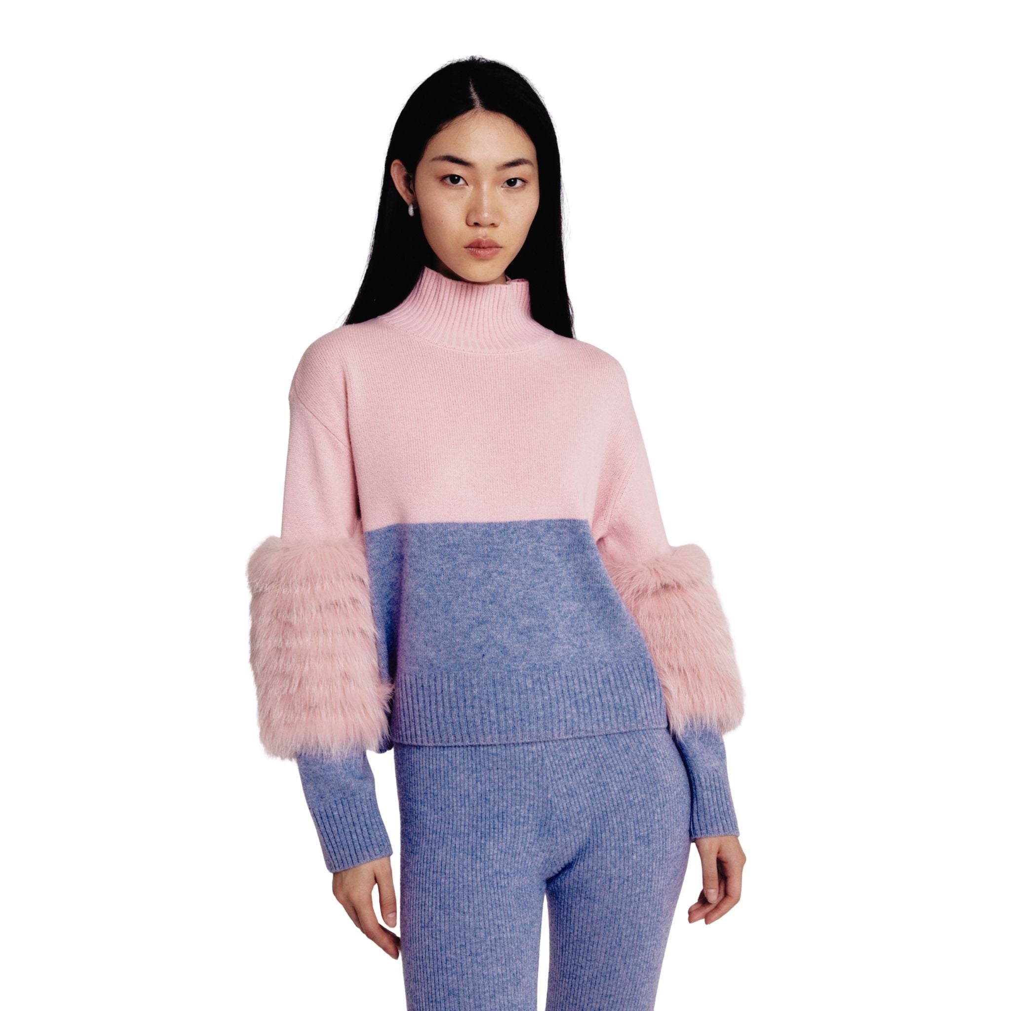 Pink And Grey Colour Block Half And Half Sweater With Fox Fur
