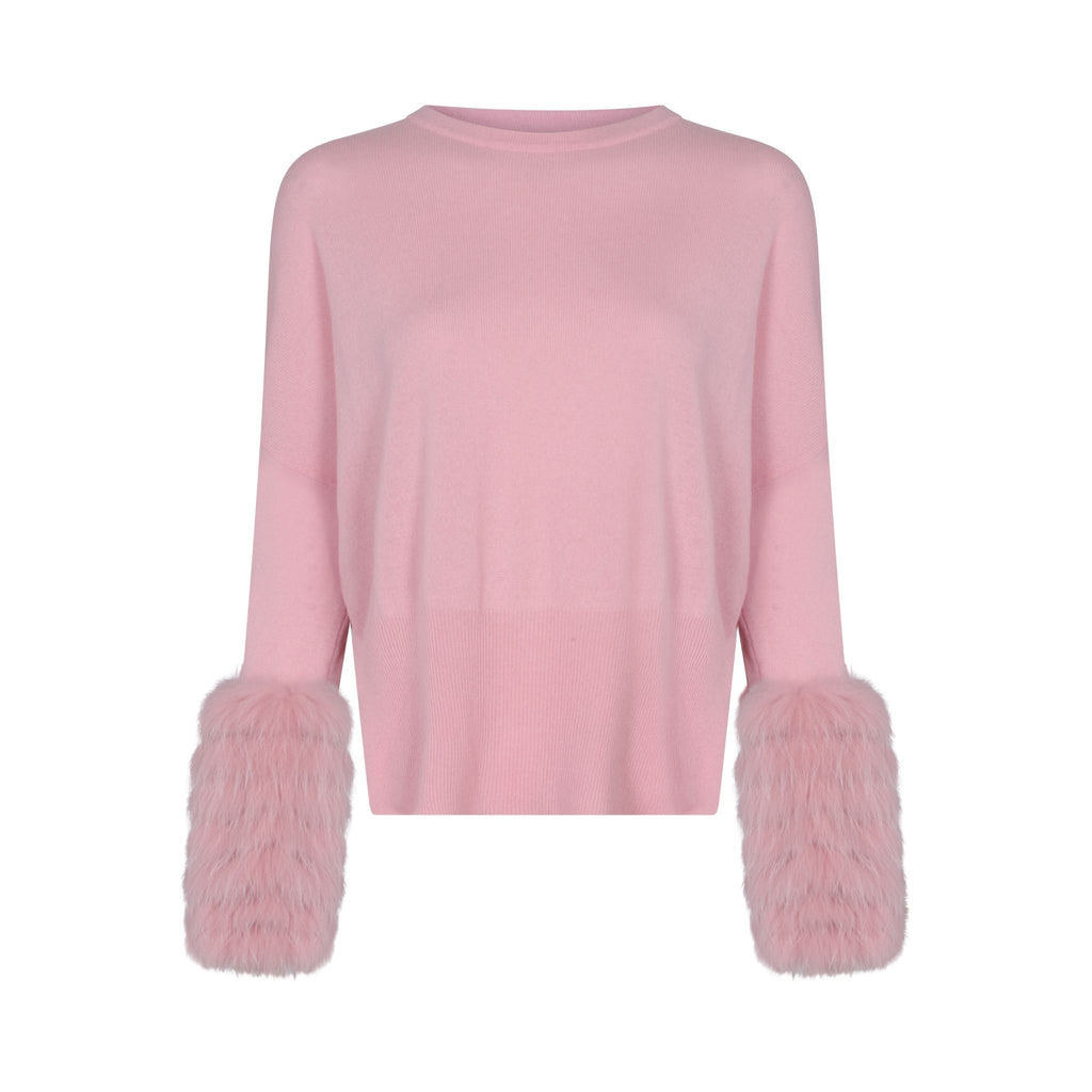 Pink Round Neck Sweater With Fox Fur Cuffs