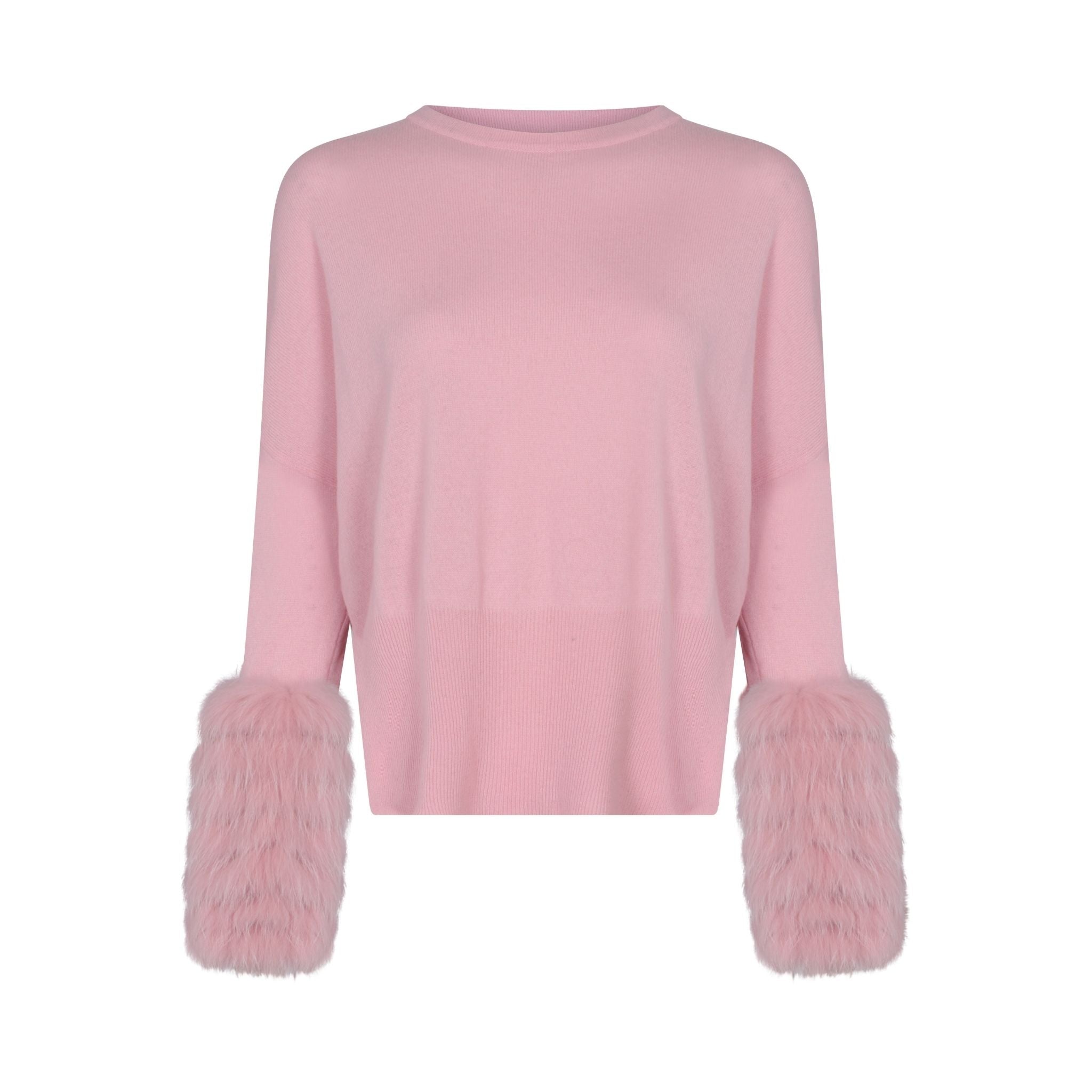 Pink Round Neck Sweater With Fox Fur Cuffs
