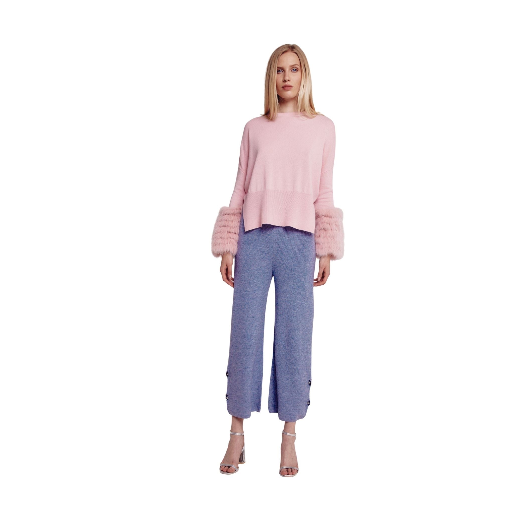 Pink Round Neck Sweater With Fox Fur Cuffs
