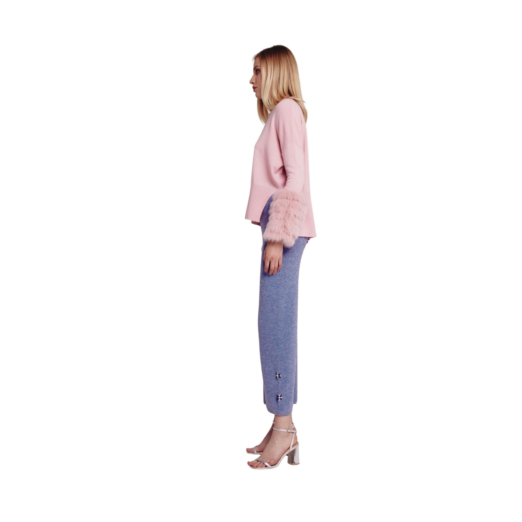 Pink Round Neck Sweater With Fox Fur Cuffs