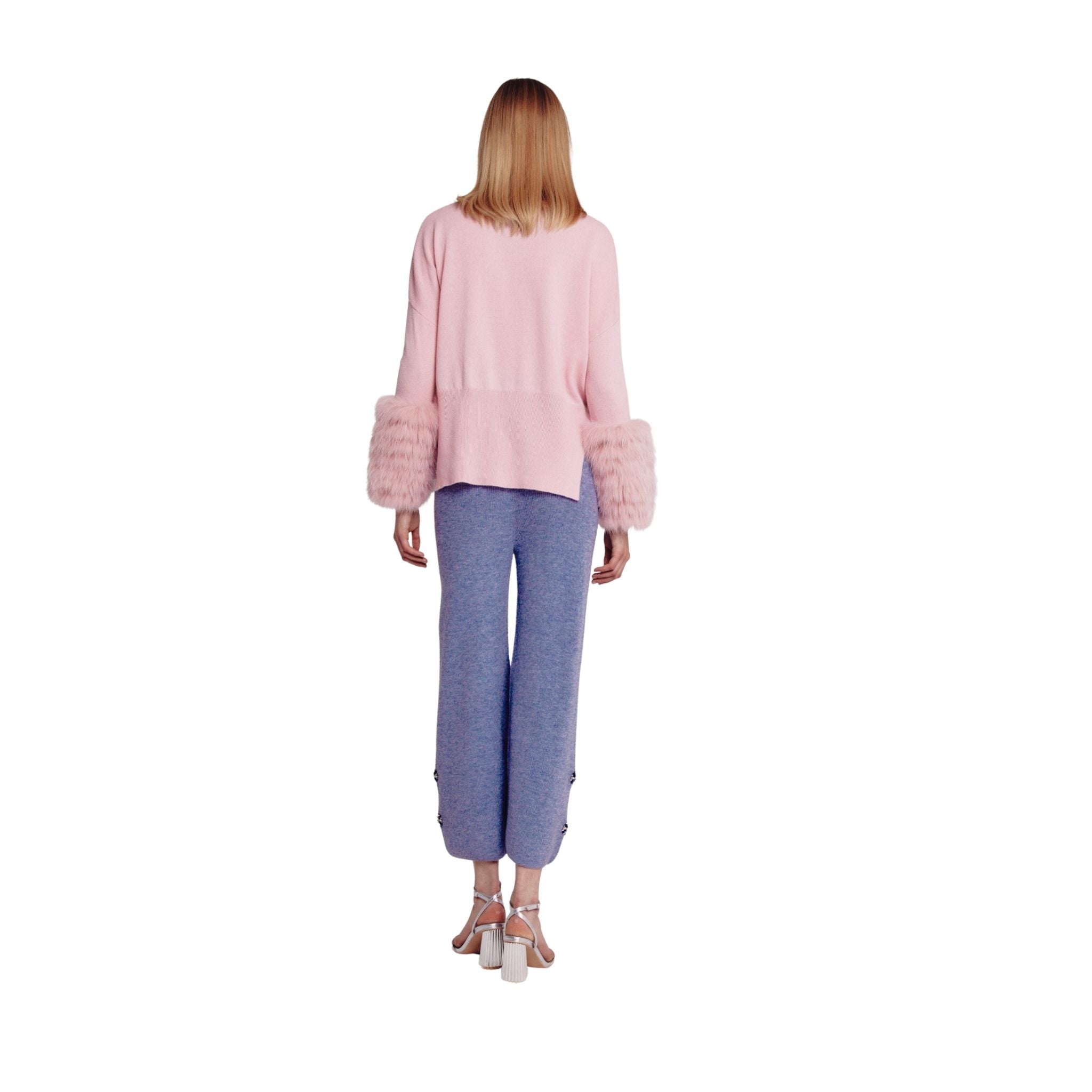 Pink Round Neck Sweater With Fox Fur Cuffs