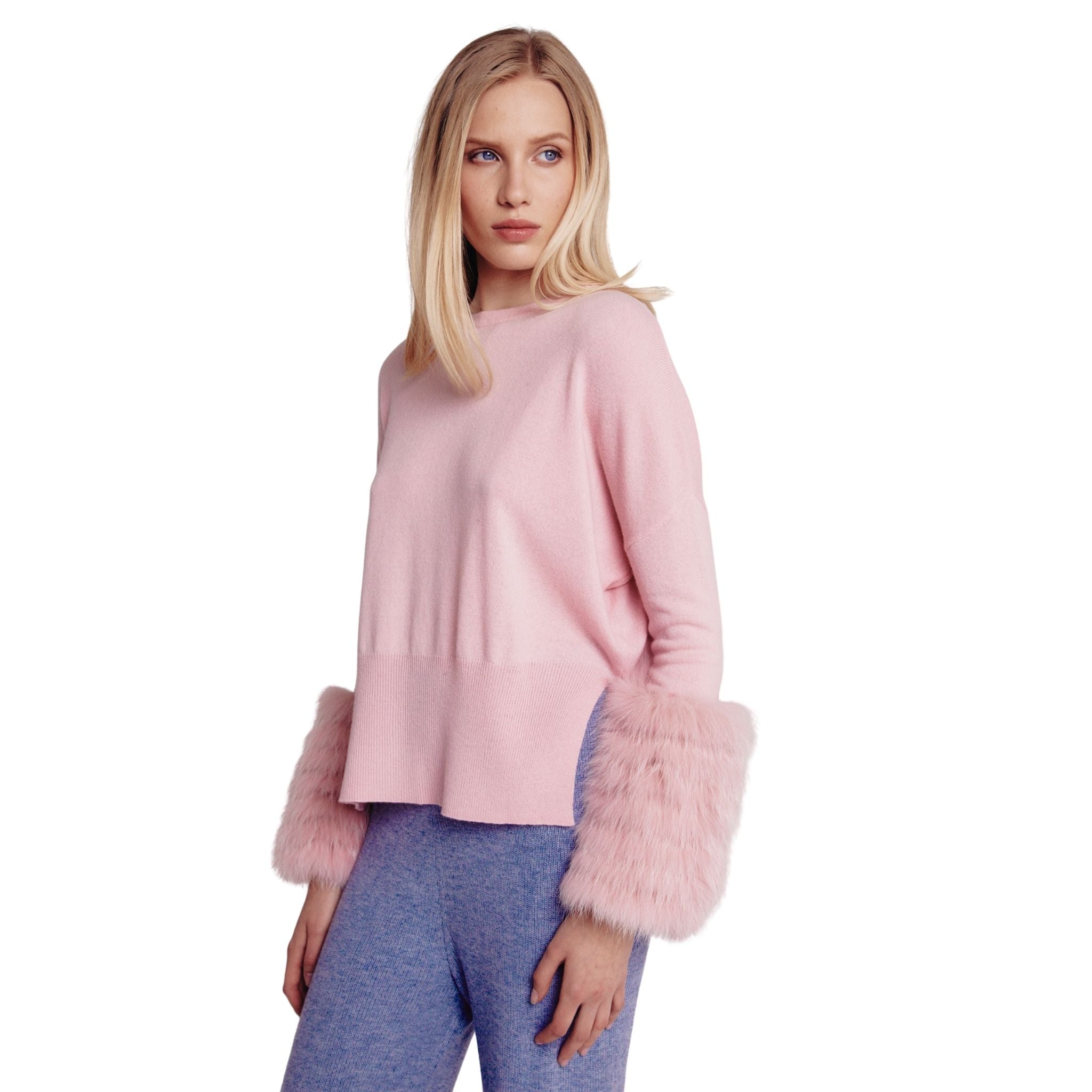 Pink Round Neck Sweater With Fox Fur Cuffs