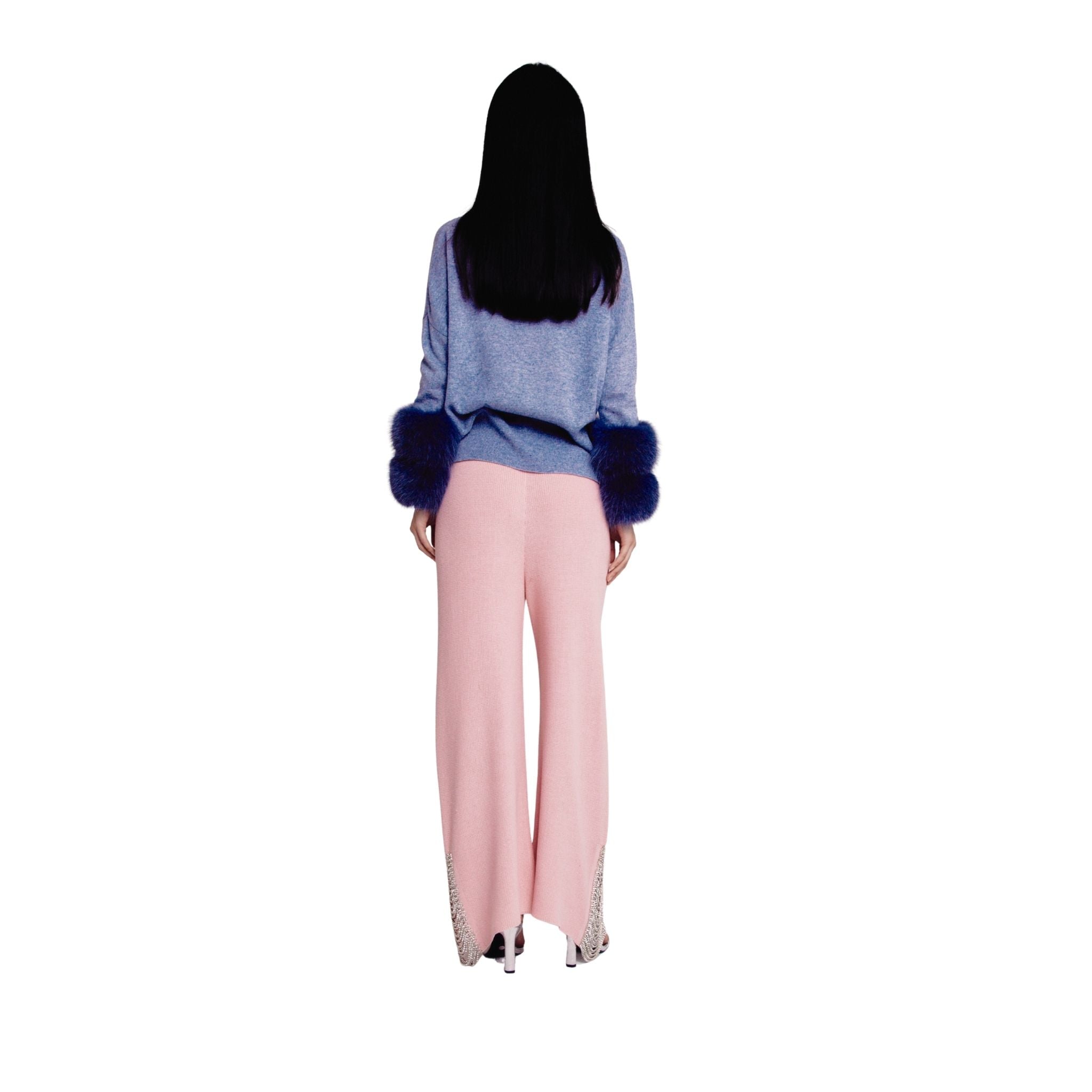 Grey Round Neck Sweater With Fox Fur Cuffs