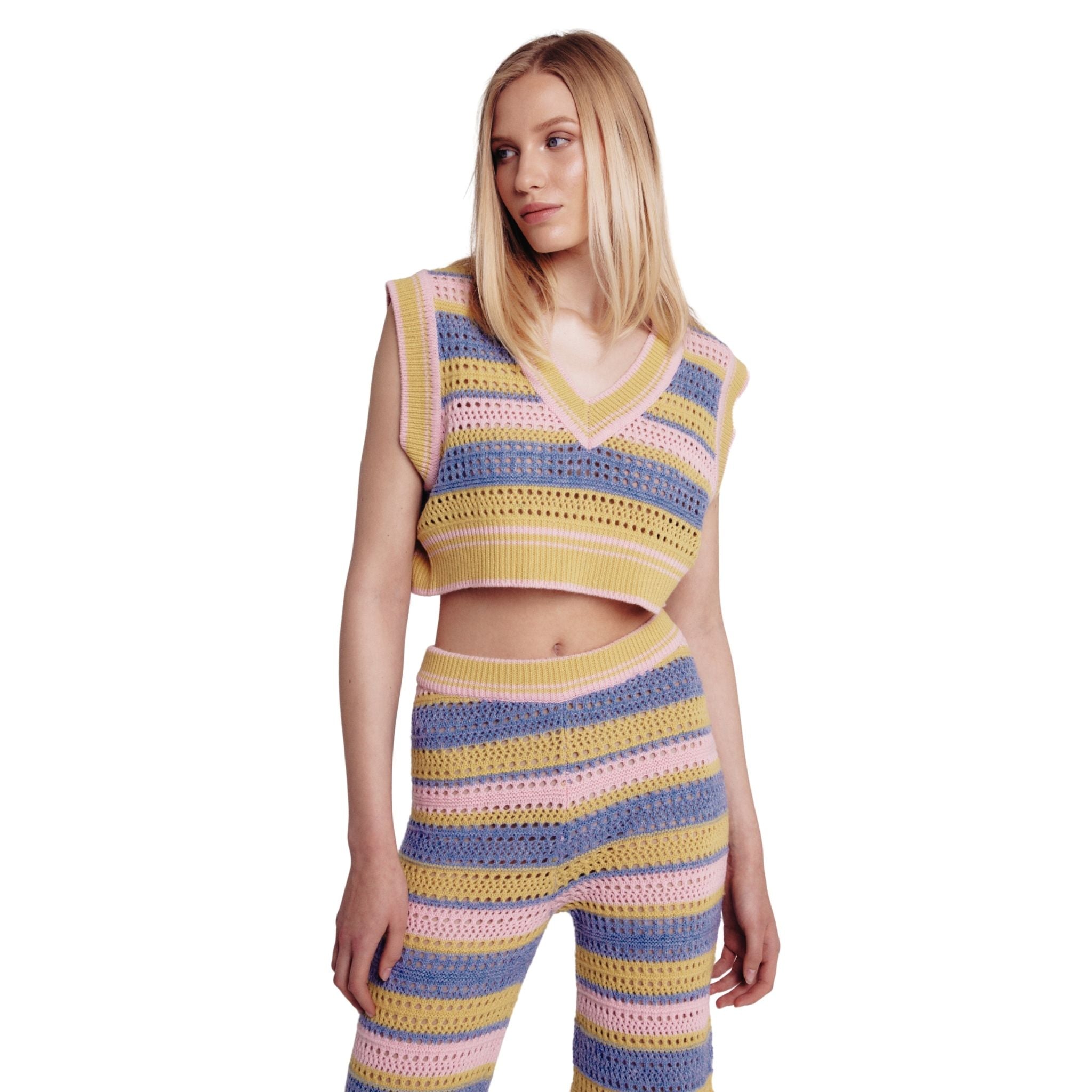Multicoloured Knit Crochet V Neck