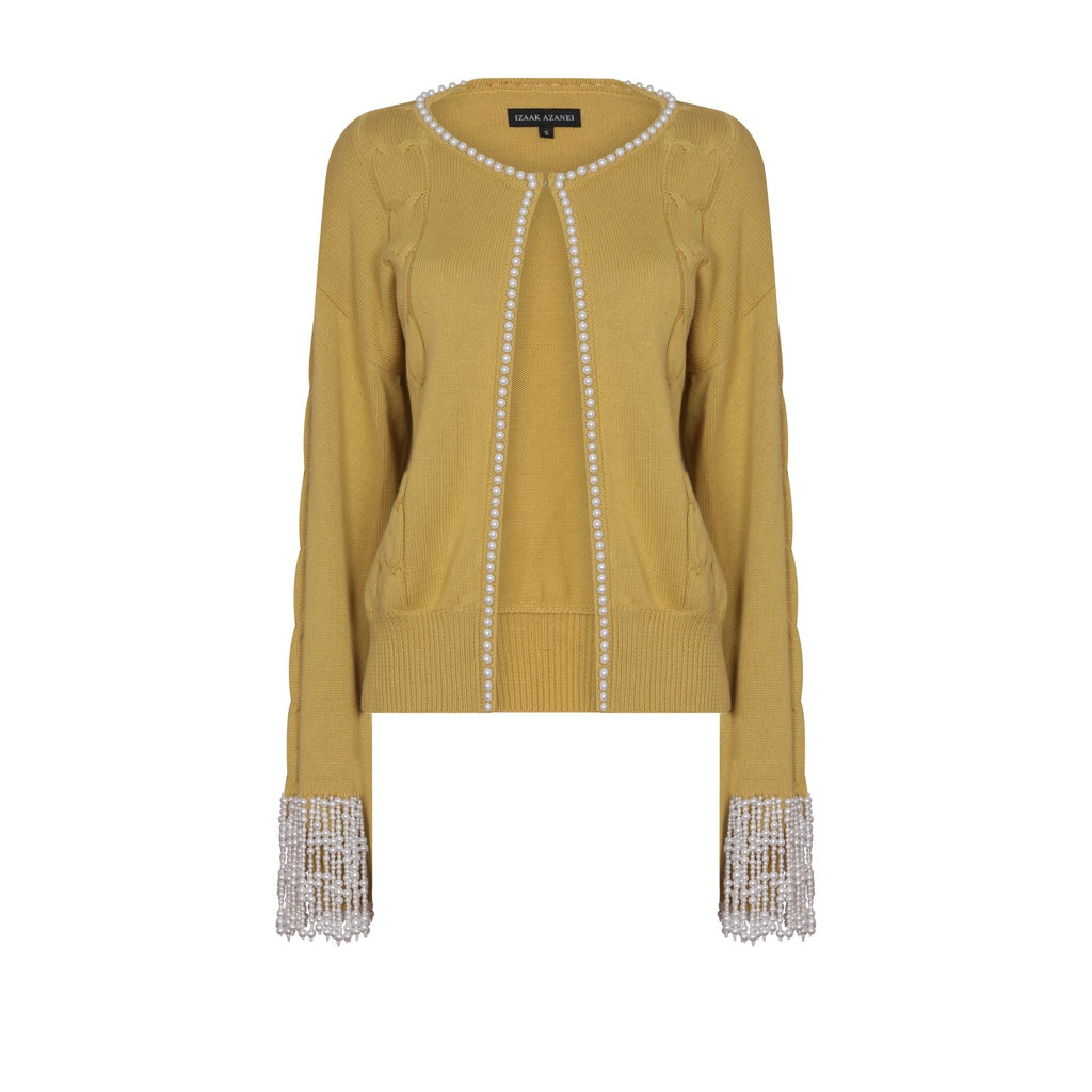 Chartreuse Pearl Lined Cable Knit Cardigan