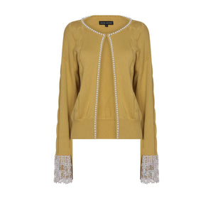 Chartreuse Pearl Lined Cable Knit Cardigan