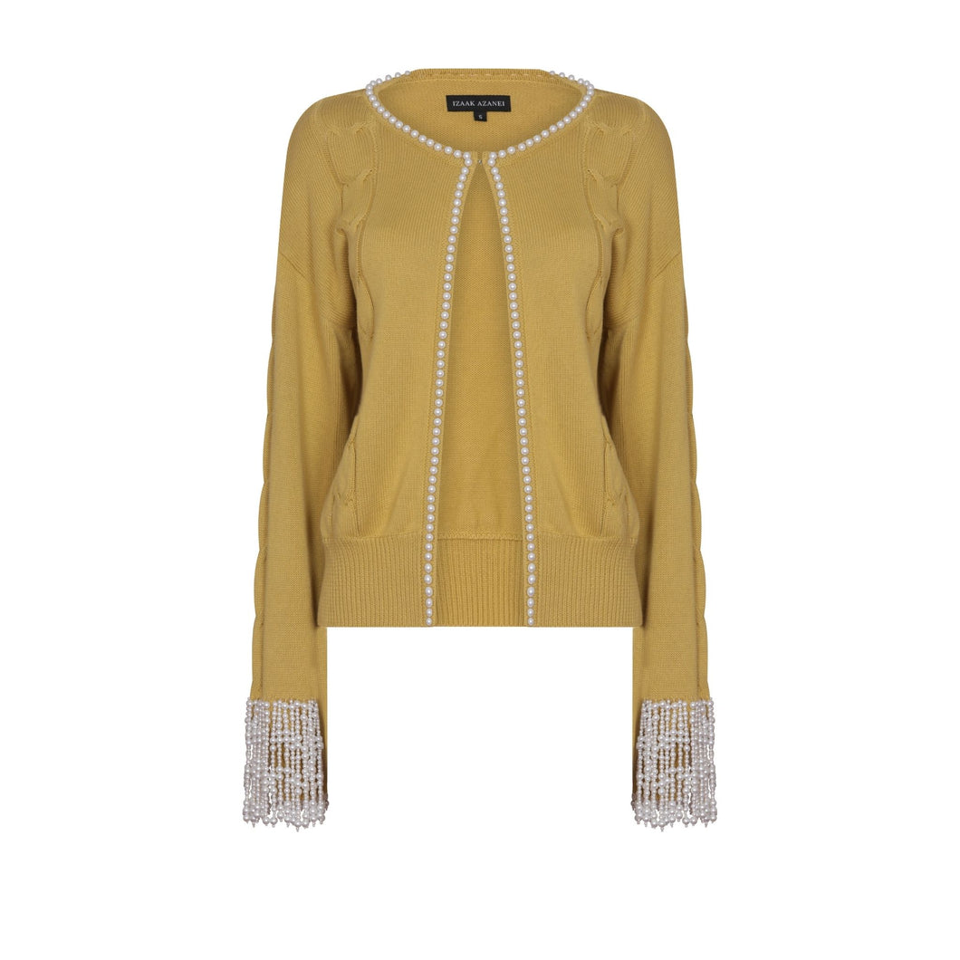 Chartreuse Pearl Lined Cable Knit Cardigan
