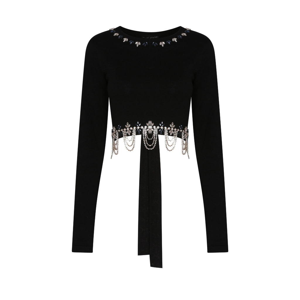 Black Cropped Backless Embellished Top