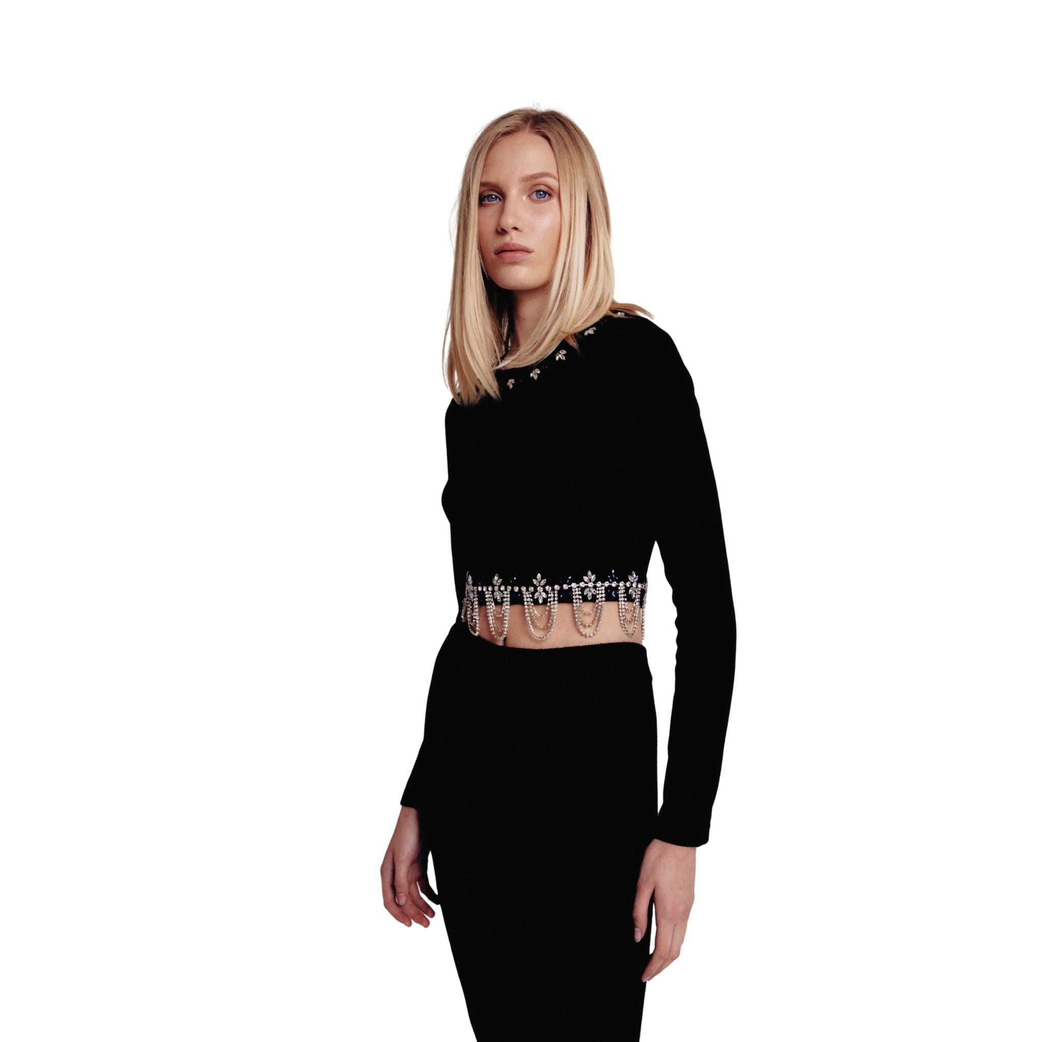 Black Cropped Backless Embellished Top