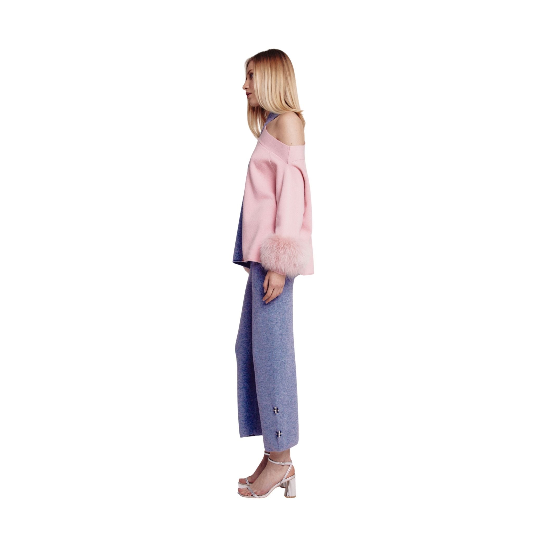 Grey Embellished Flared Knitted Pants