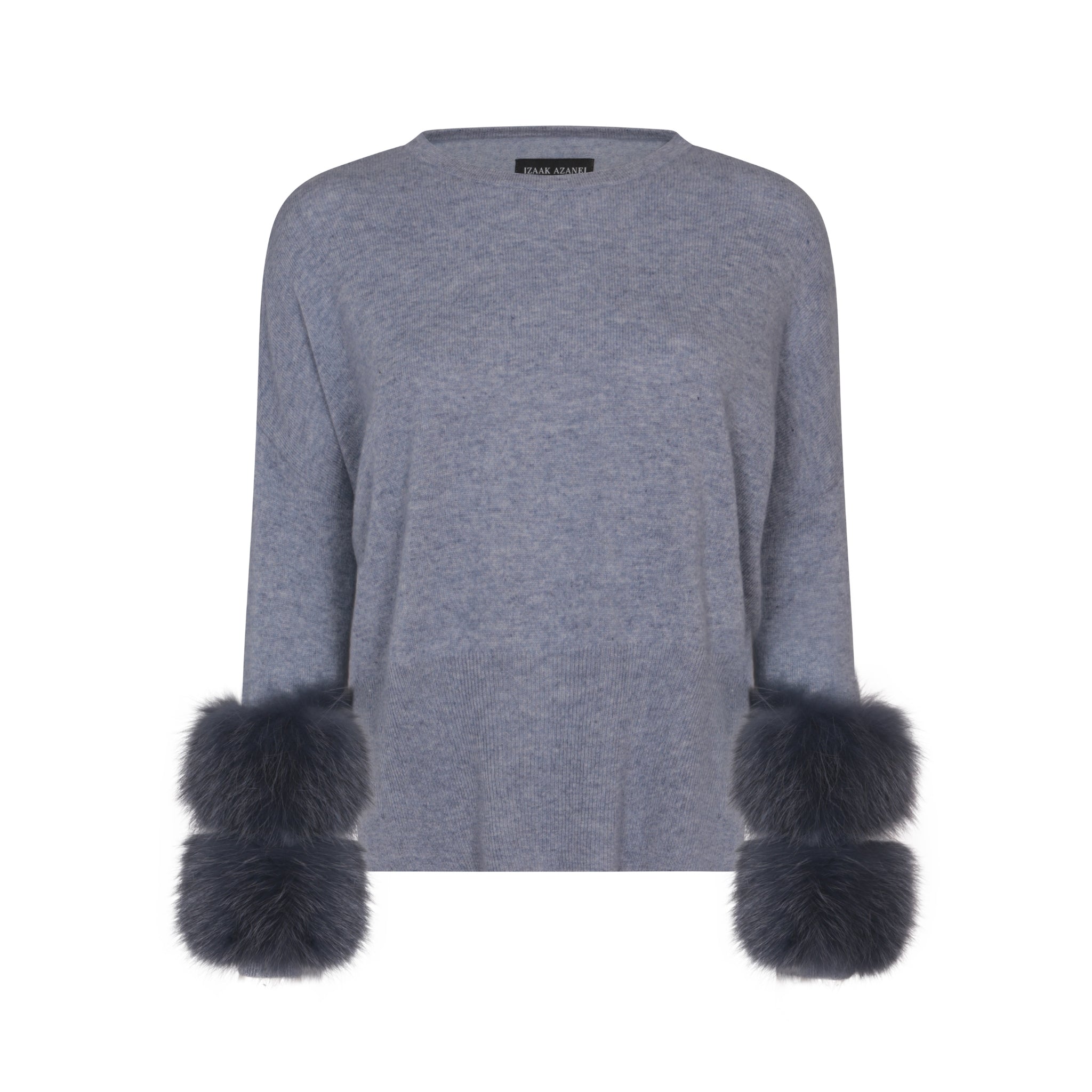 Grey Round Neck Sweater With Fox Fur Cuffs