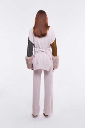 Army, Oyster and Monk Color Block Belted Cardigan with Faux Fur Cuffs