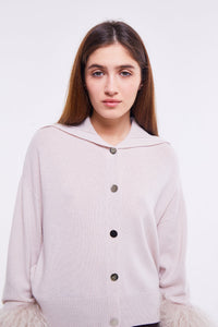 High Neck Button Down Cardigan with Shearling Cuffs in Oyster