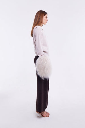 High Neck Button Down Cardigan with Shearling Cuffs in Oyster