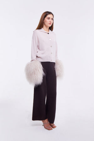 High Neck Button Down Cardigan with Shearling Cuffs in Oyster