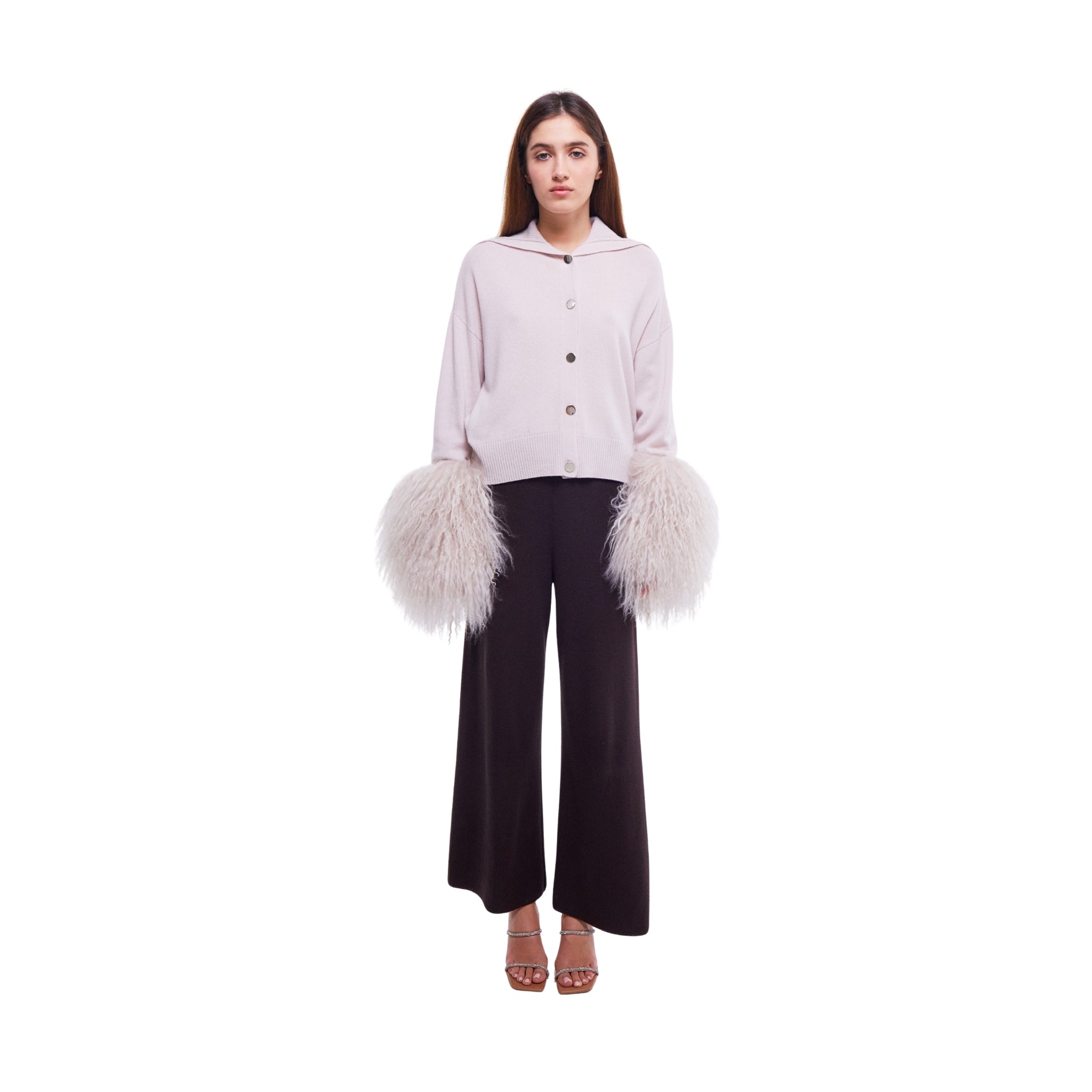 High Neck Button Down Cardigan with Shearling Cuffs in Oyster
