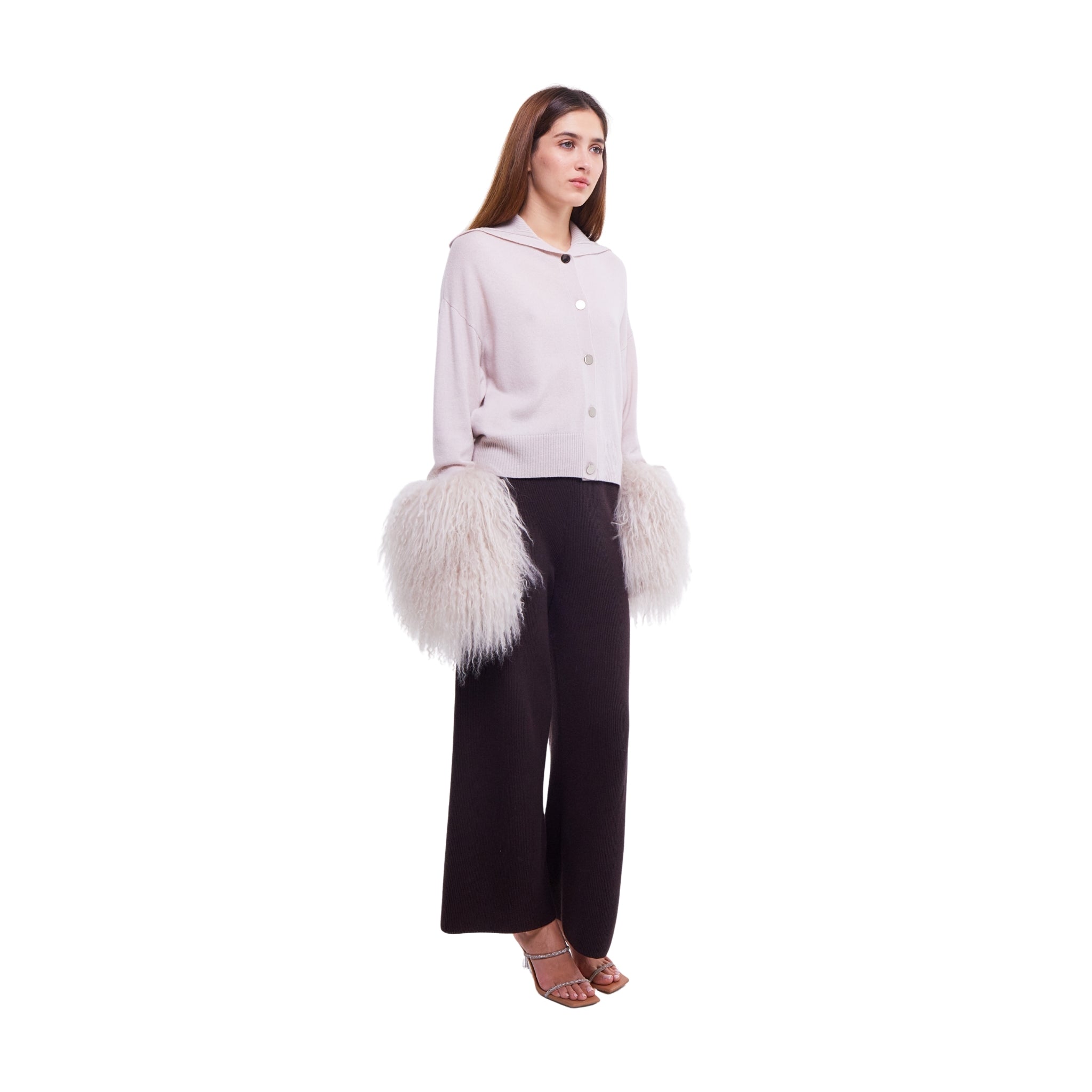 High Neck Button Down Cardigan with Shearling Cuffs in Oyster