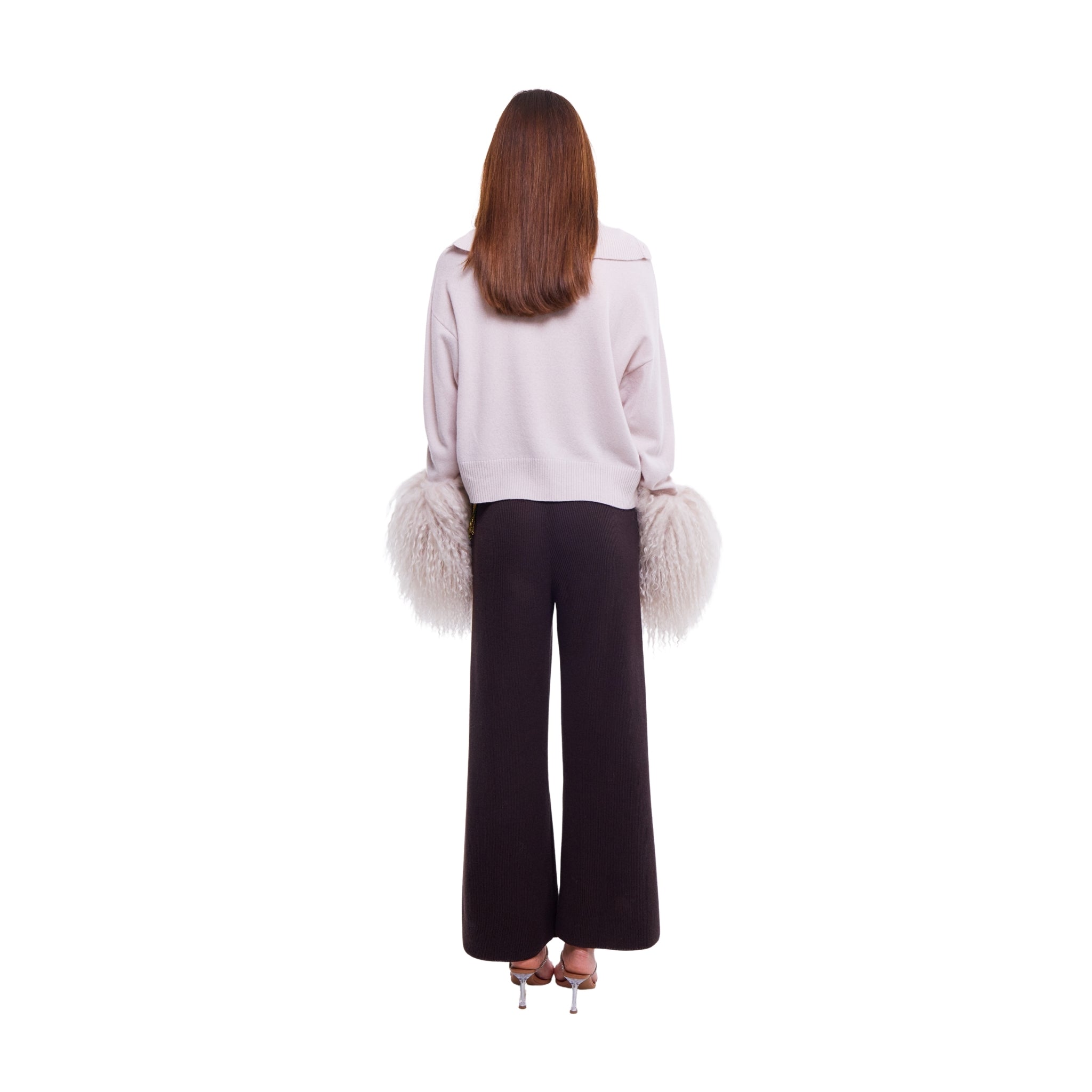 High Neck Button Down Cardigan with Shearling Cuffs in Oyster