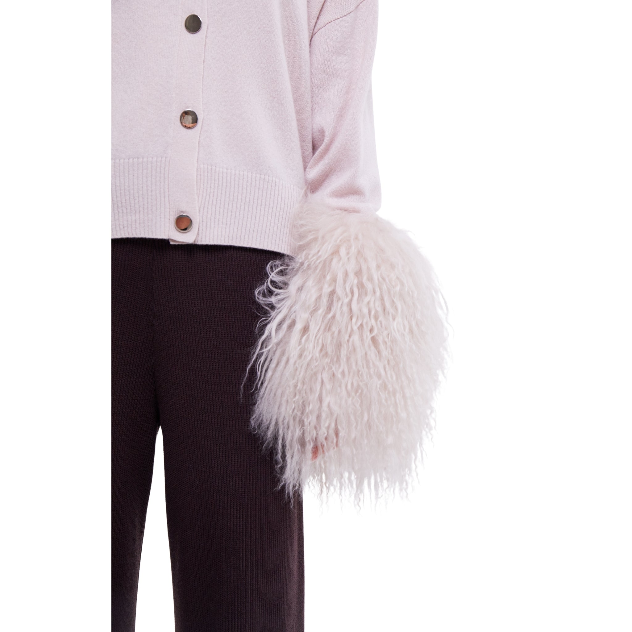 High Neck Button Down Cardigan with Shearling Cuffs in Oyster