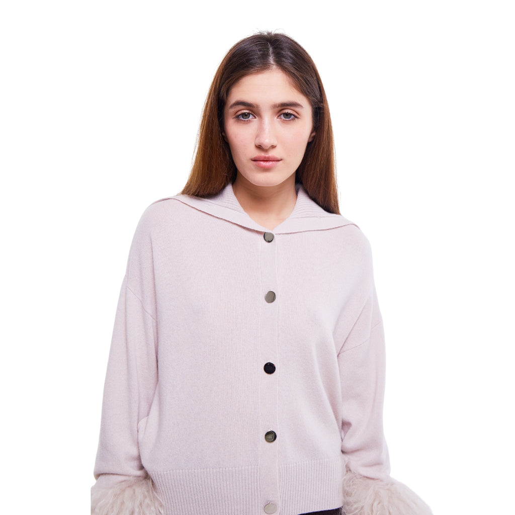 High Neck Button Down Cardigan with Shearling Cuffs in Oyster