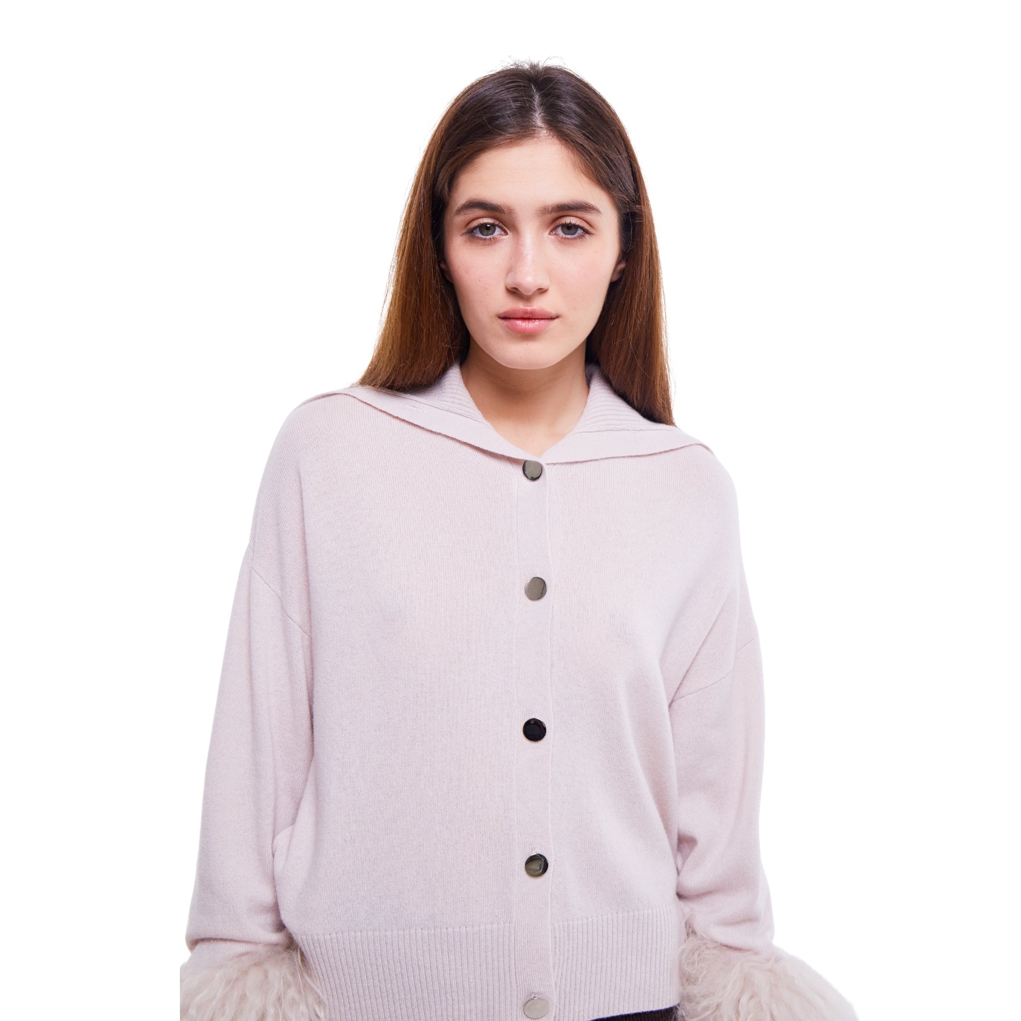 High Neck Button Down Cardigan with Shearling Cuffs in Oyster