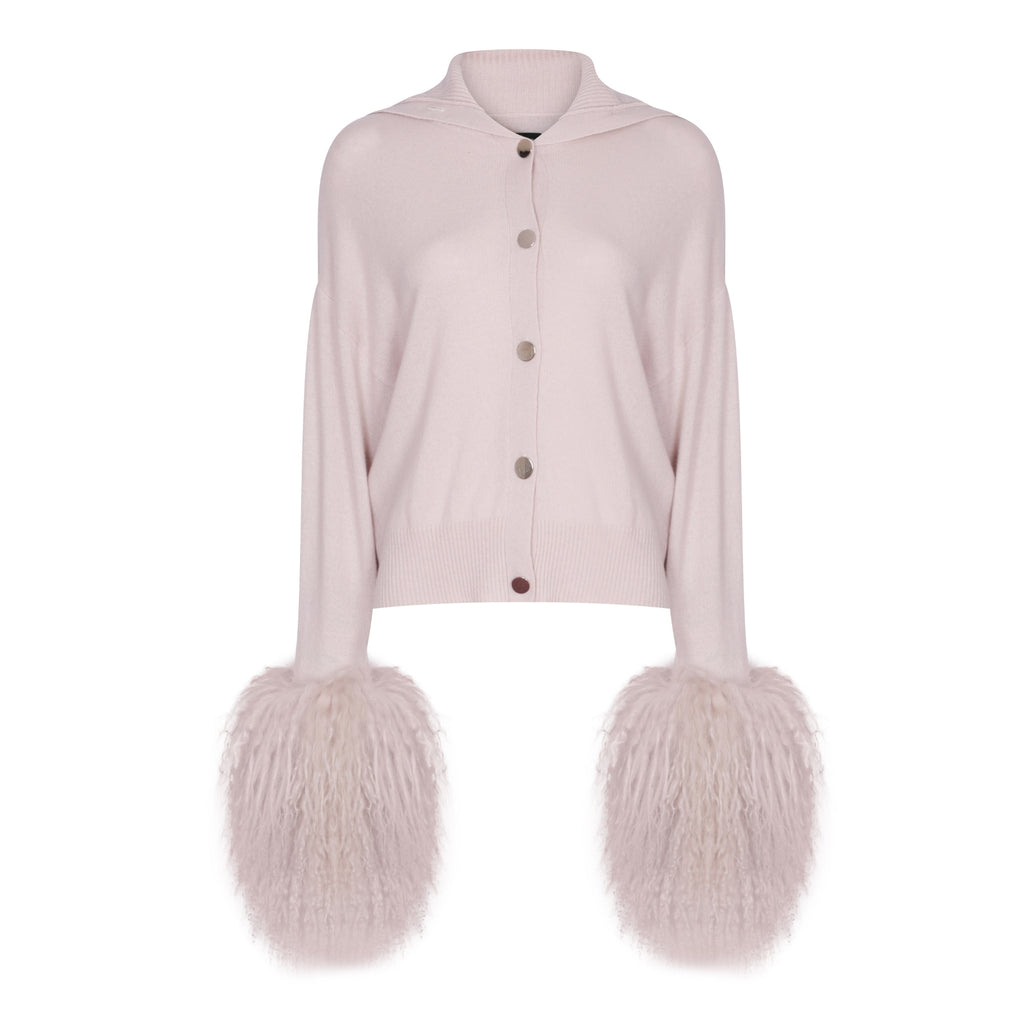 High Neck Button Down Cardigan with Shearling Cuffs in Oyster