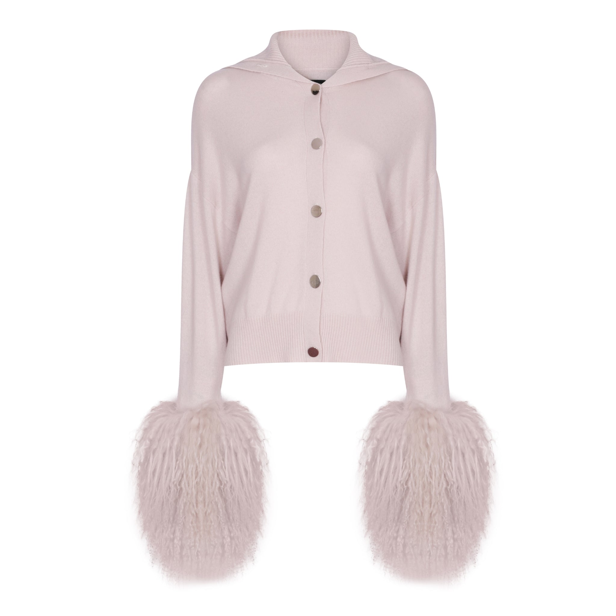 High Neck Button Down Cardigan with Shearling Cuffs in Oyster