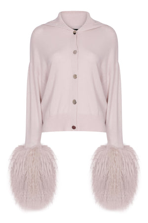 High Neck Button Down Cardigan with Shearling Cuffs in Oyster