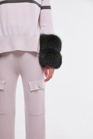 Oyster and Army Striped Polo Neck Sweater with Fox Fur Cuffs