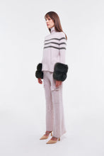 Load image into Gallery viewer, Oyster and Army Striped Polo Neck Sweater with Fox Fur Cuffs
