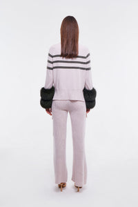 Oyster and Army Striped Polo Neck Sweater with Fox Fur Cuffs