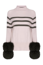 Load image into Gallery viewer, Oyster and Army Striped Polo Neck Sweater with Fox Fur Cuffs
