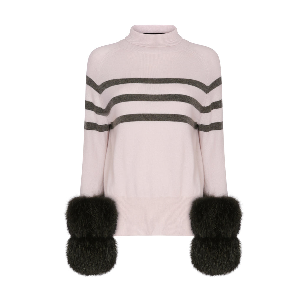Oyster and Army Striped Polo Neck Sweater with Fox Fur Cuffs