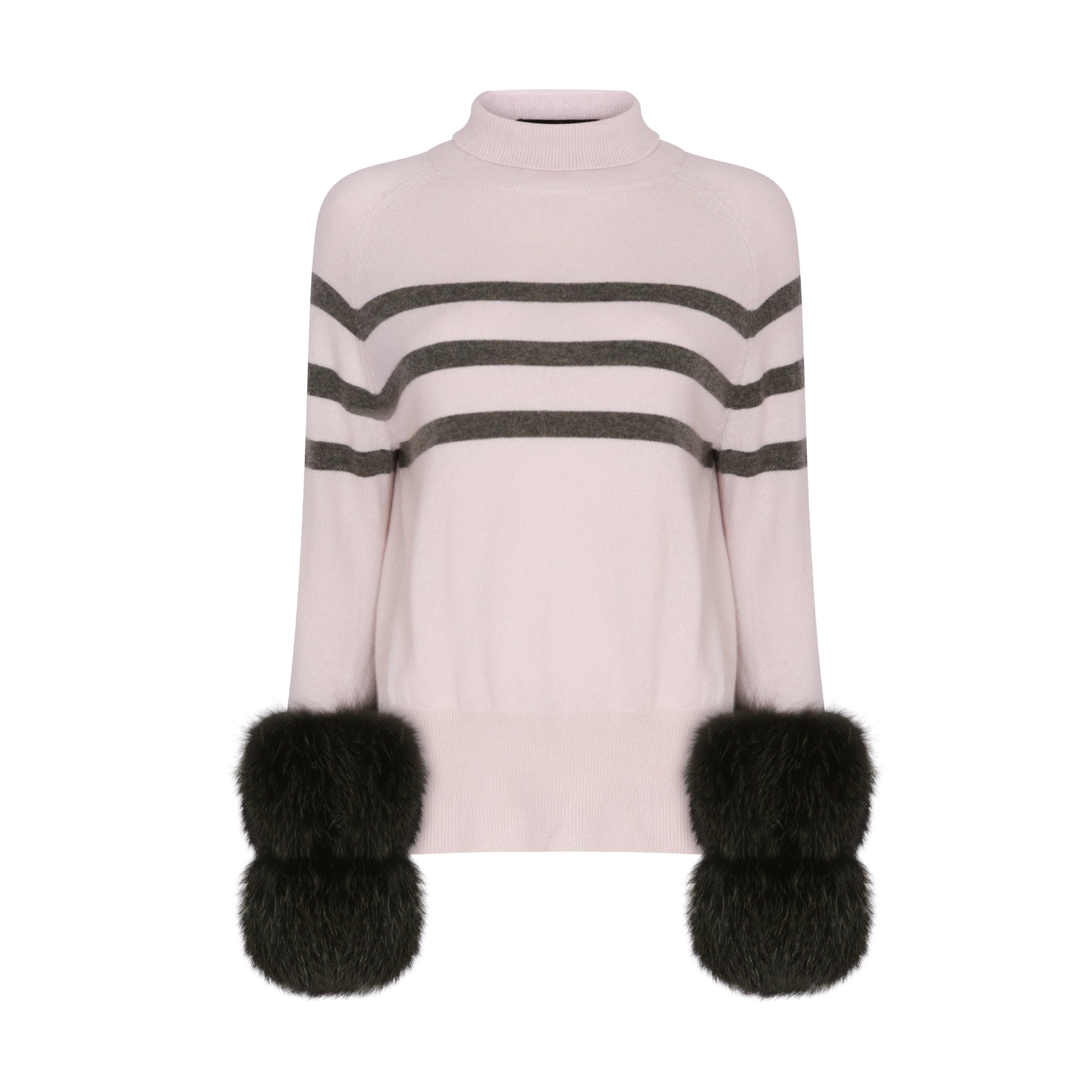Oyster and Army Striped Polo Neck Sweater with Fox Fur Cuffs