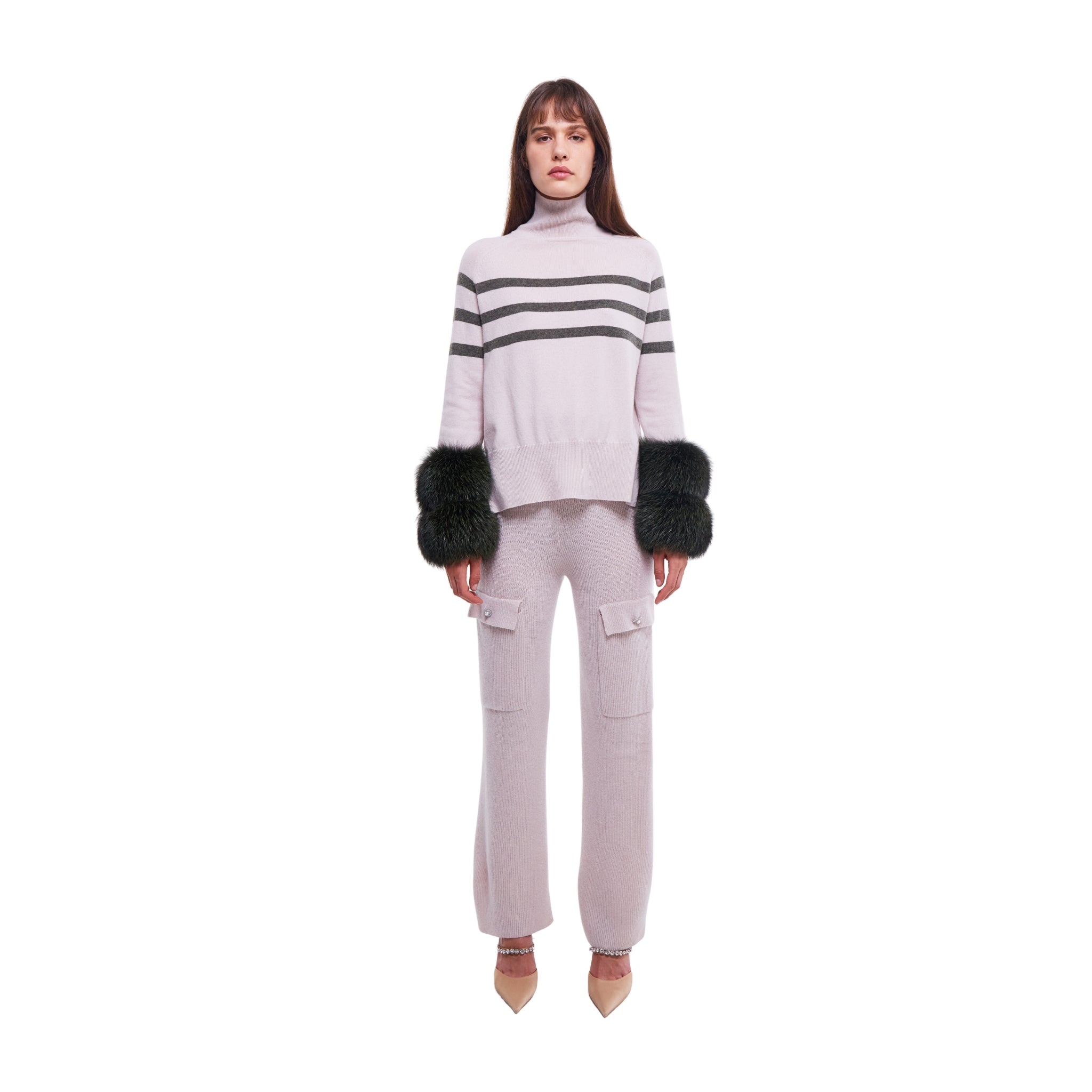 Oyster and Army Striped Polo Neck Sweater with Fox Fur Cuffs