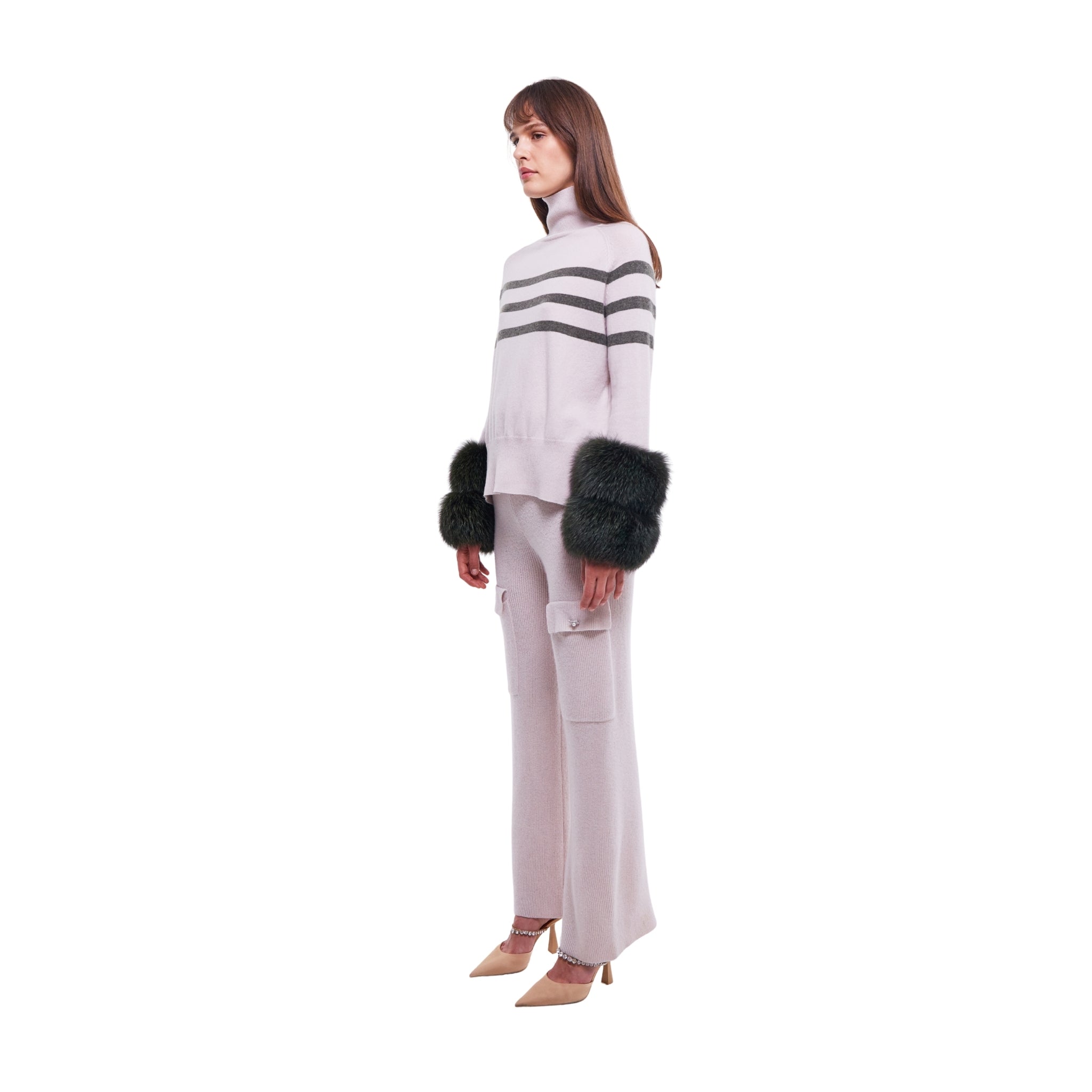 Oyster and Army Striped Polo Neck Sweater with Fox Fur Cuffs