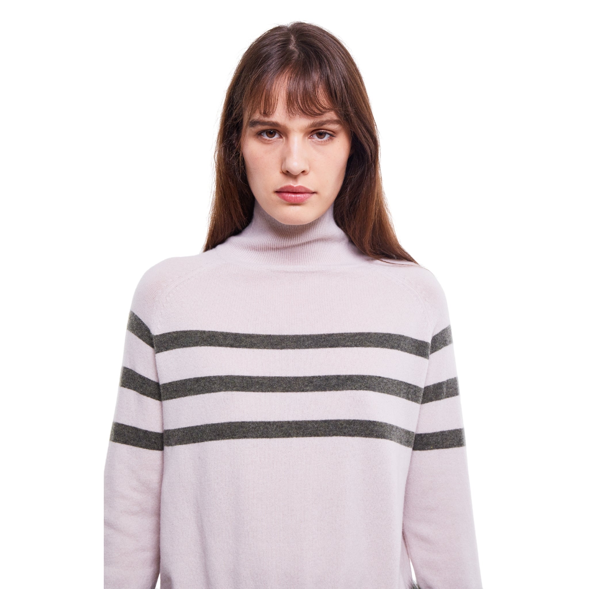 Oyster and Army Striped Polo Neck Sweater with Fox Fur Cuffs