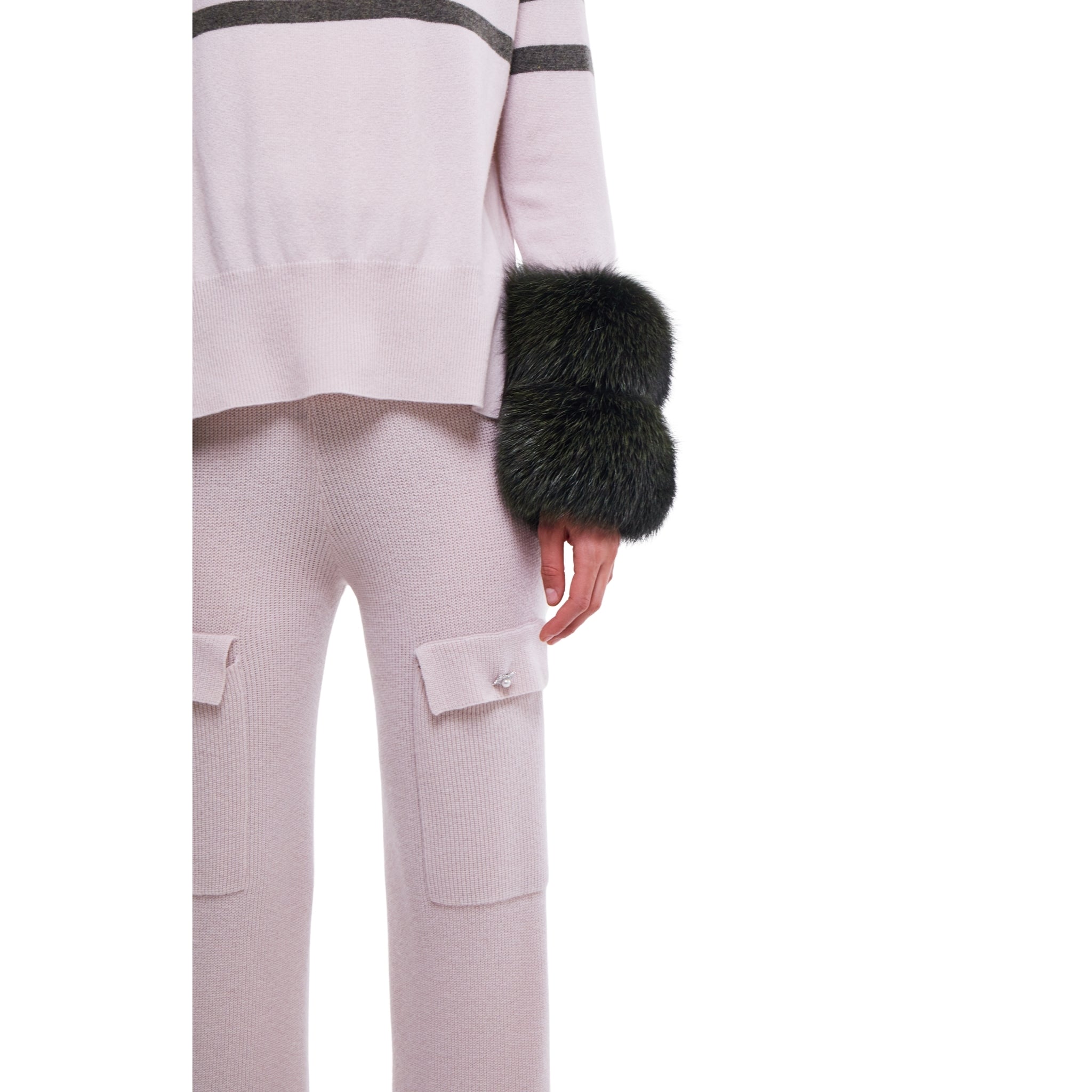 Oyster and Army Striped Polo Neck Sweater with Fox Fur Cuffs