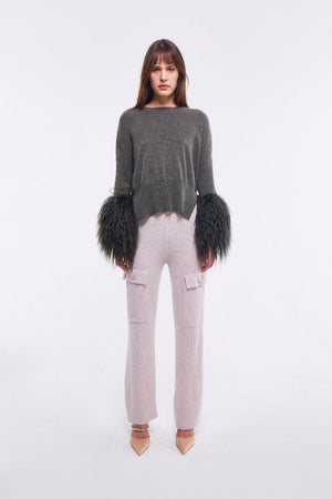 Round Neck Sweater with Shearling Cuffs in Army