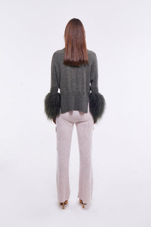 Round Neck Sweater with Shearling Cuffs in Army