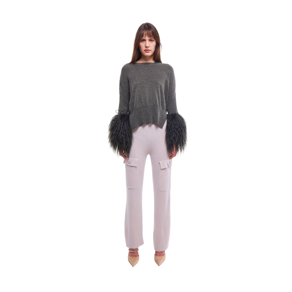 Round Neck Sweater with Shearling Cuffs in Army