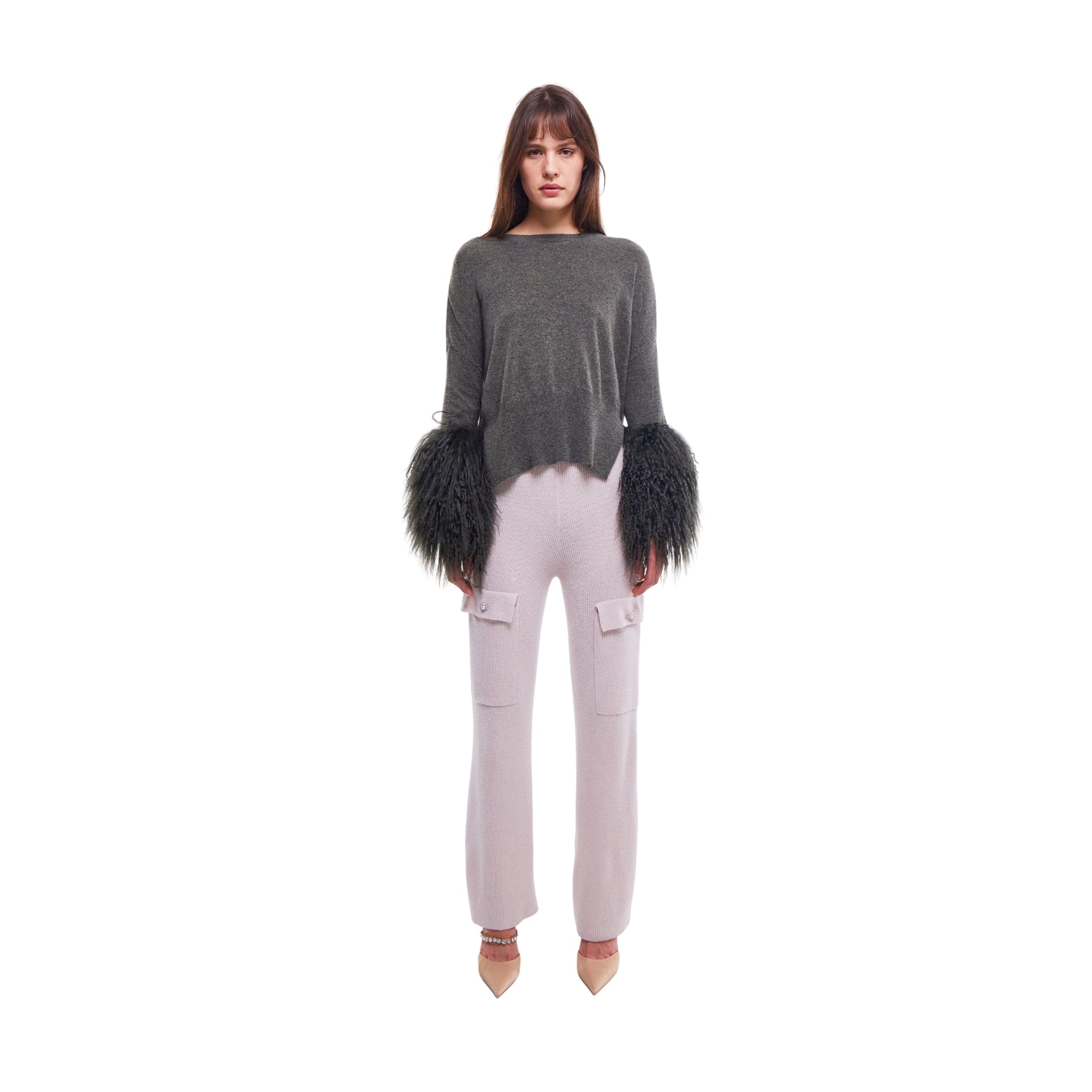 Round Neck Sweater with Shearling Cuffs in Army
