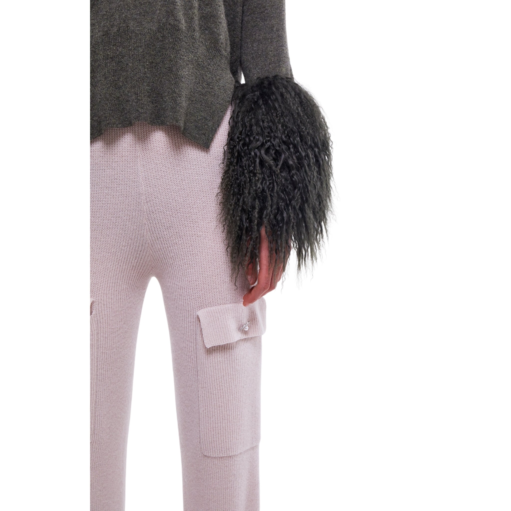 Round Neck Sweater with Shearling Cuffs in Army