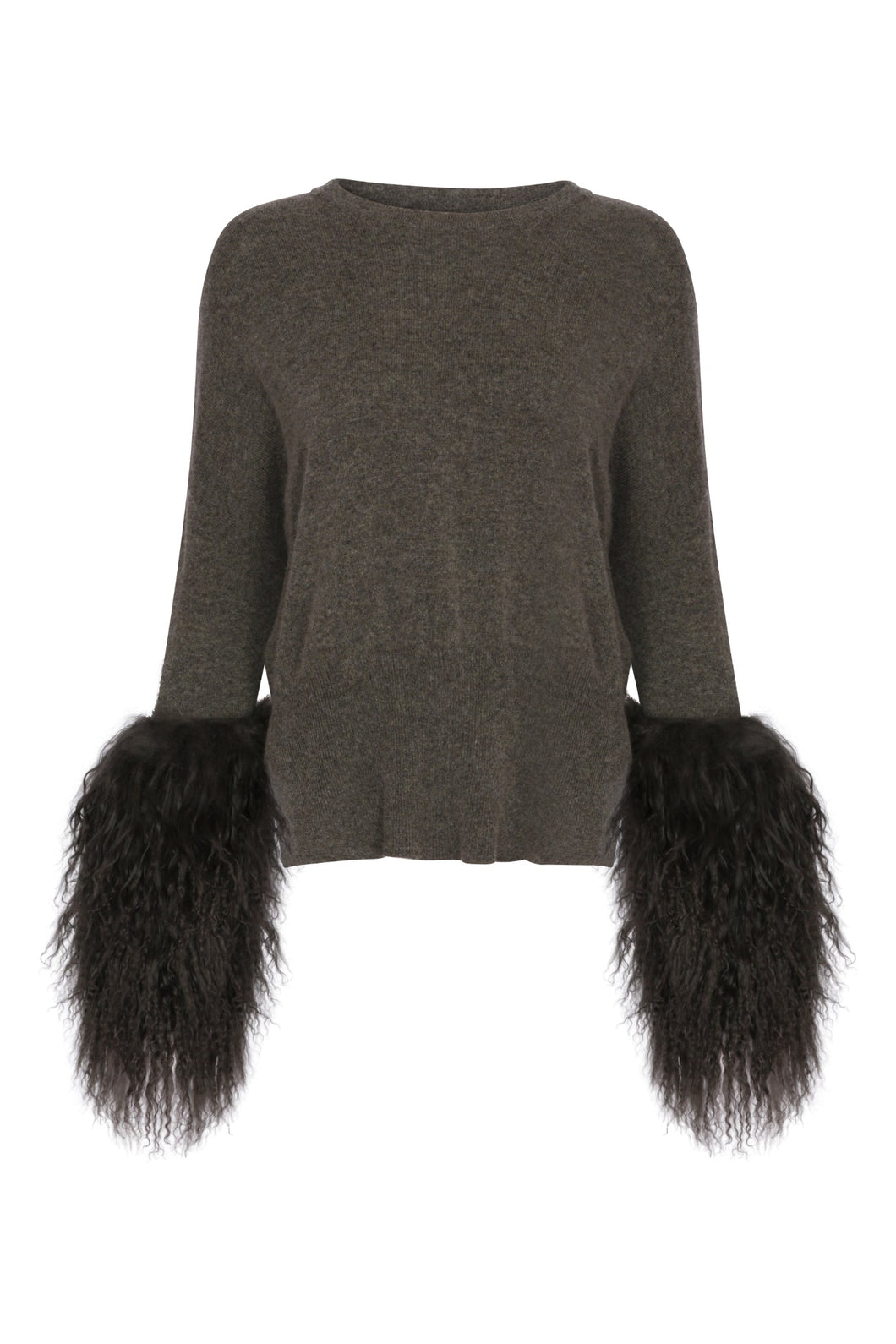 Round Neck Sweater with Shearling Cuffs in Army