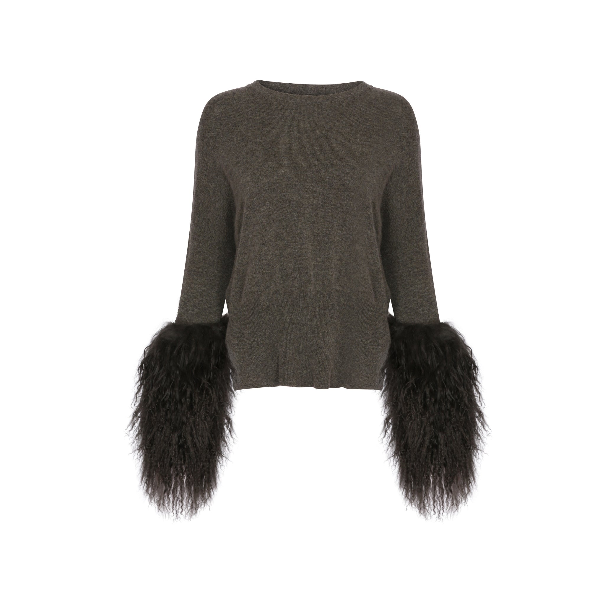 Round Neck Sweater with Shearling Cuffs in Army