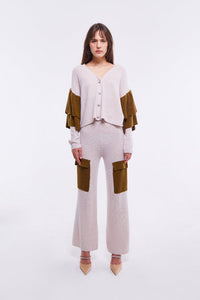 Dual Tone Ruffled Embellished Cardigan in Oyster and Monk