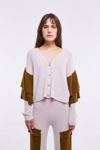 Dual Tone Ruffled Embellished Cardigan in Oyster and Monk