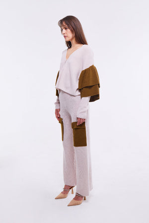 Dual Tone Ruffled Embellished Cardigan in Oyster and Monk